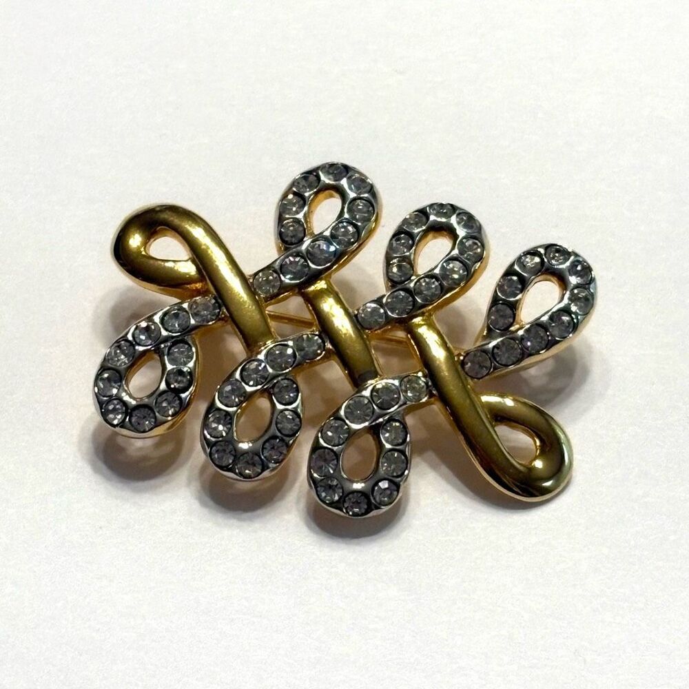 Vintage Swarovski Brooch Clear Crystals Gold Tone Swirl Twist Brooch